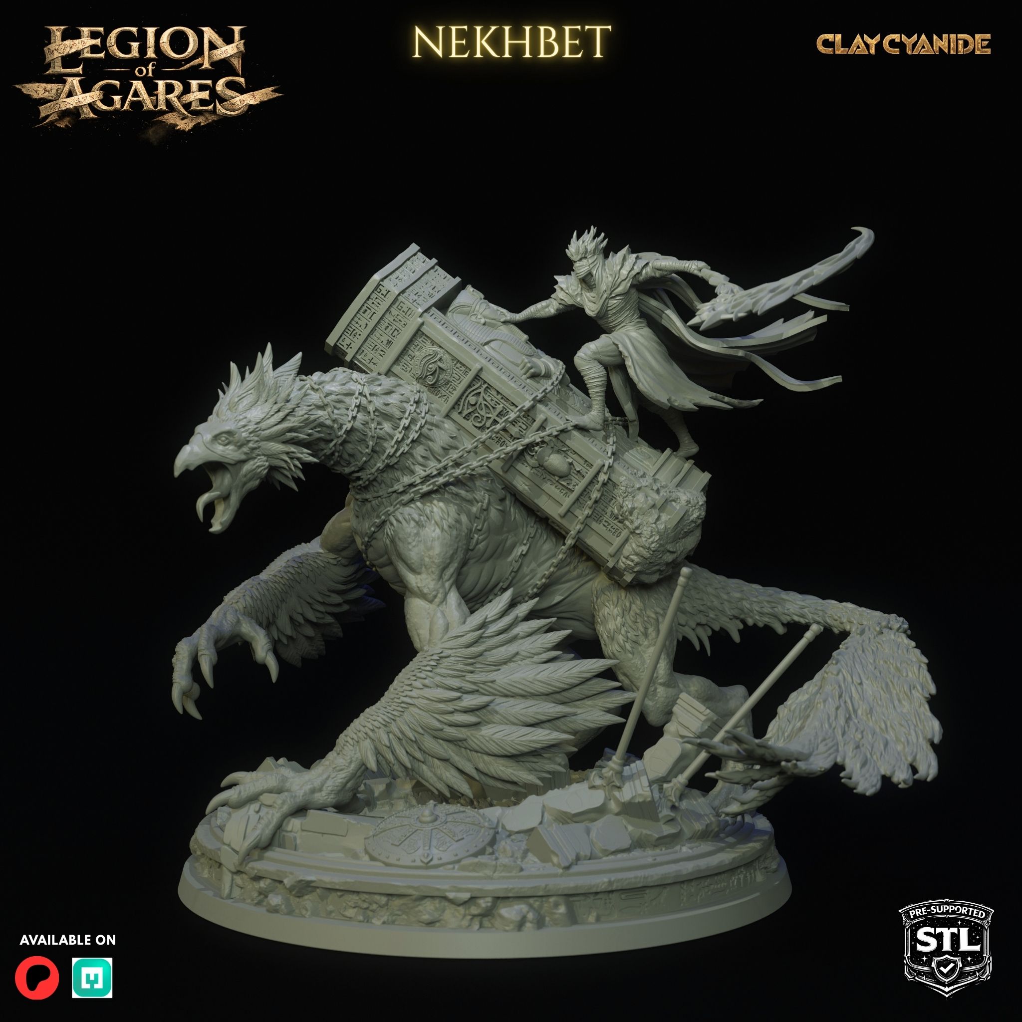 Nekhbet miniature STL detail — shattered medallion base and iron chains, Clay Cyanide